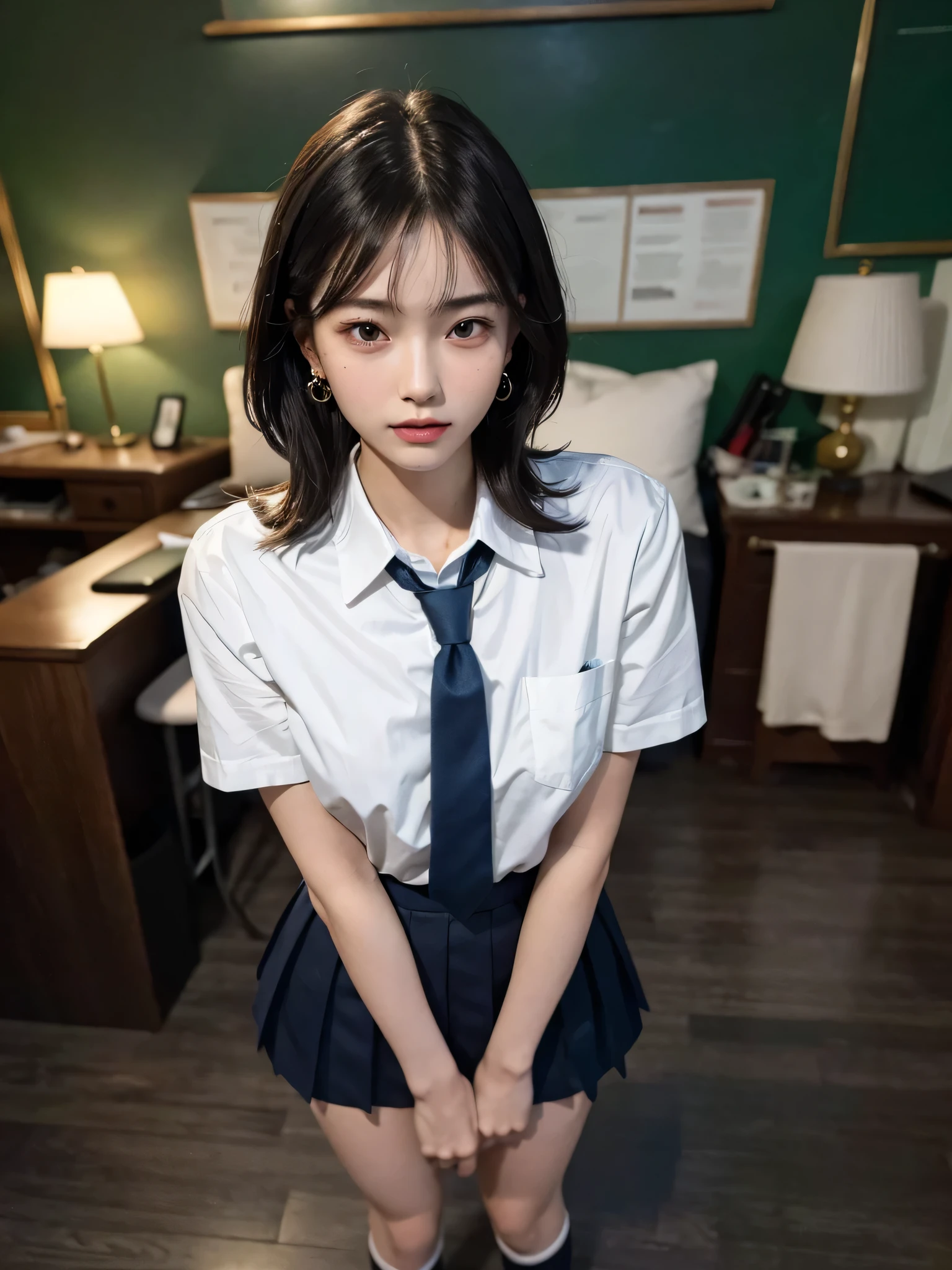 absurderes, Raw photo, Extremely delicate and beautiful,cute little、 A smile、12age、hi-school girl、masutepiece, Best Quality, Ultra High Resolution, 16 K, hyper realisitic, Ultra-detailed, (Perfect Anatomy), super detailed skin, Perfect figure, Very detailed CG 8k wallpaper, in her 20s, Very slim body, Narrow waist, small head, a small face, Delicate facial features, tear moles, Earring, thin legs, (very massive round chest), ((3 girls)), Full body shot, Short hair, Wavy Hair, (((School uniform))),