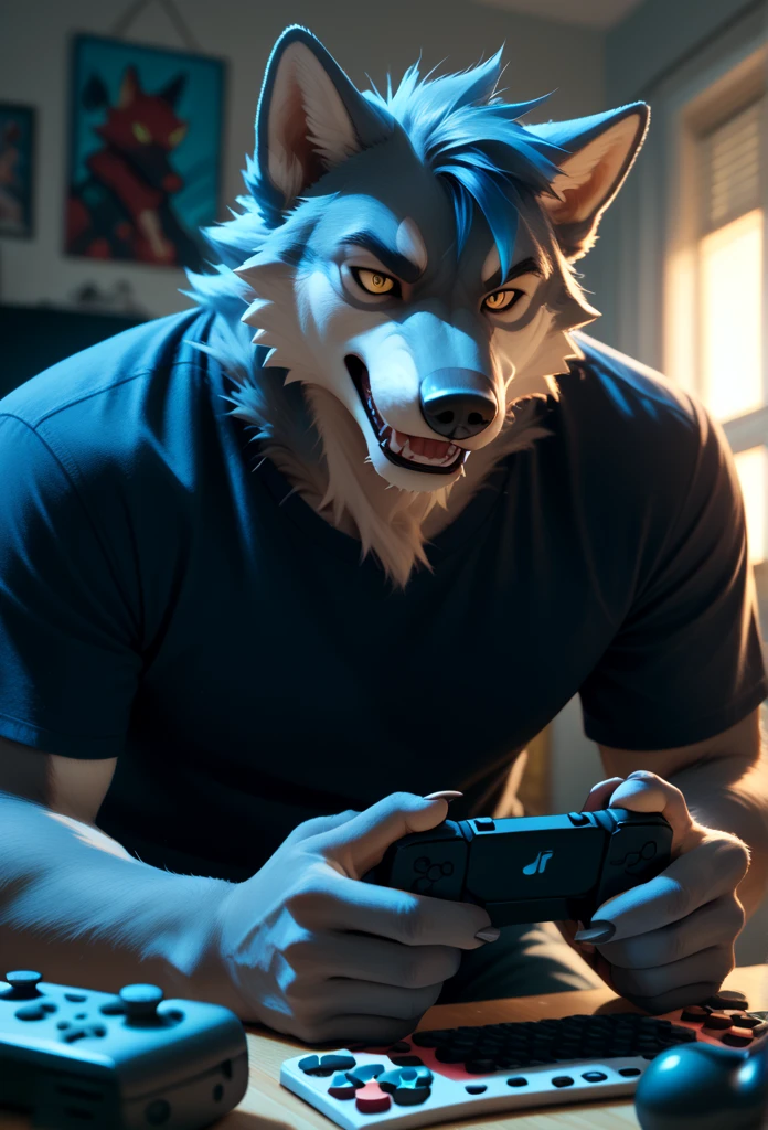 A Wolf male playing videogames 