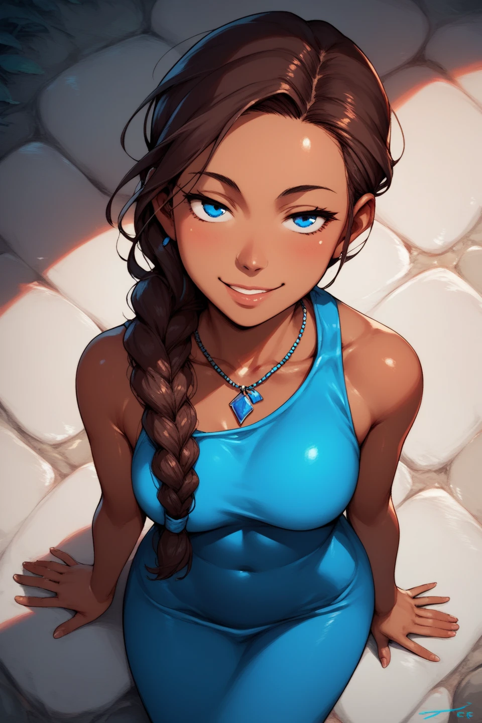 score_9, score_8_above, source_cartoon, Flat Color, 

1 , ,  brown hair ,  Blue Eyes,  dark skin, 
Braid, blue necklace, jewelry, 

Blue dress, 

 looking at the viewer,  seductive smile , narrowed eyes,  head tilt , 
Braided ponytail,  hair over the shoulder, 