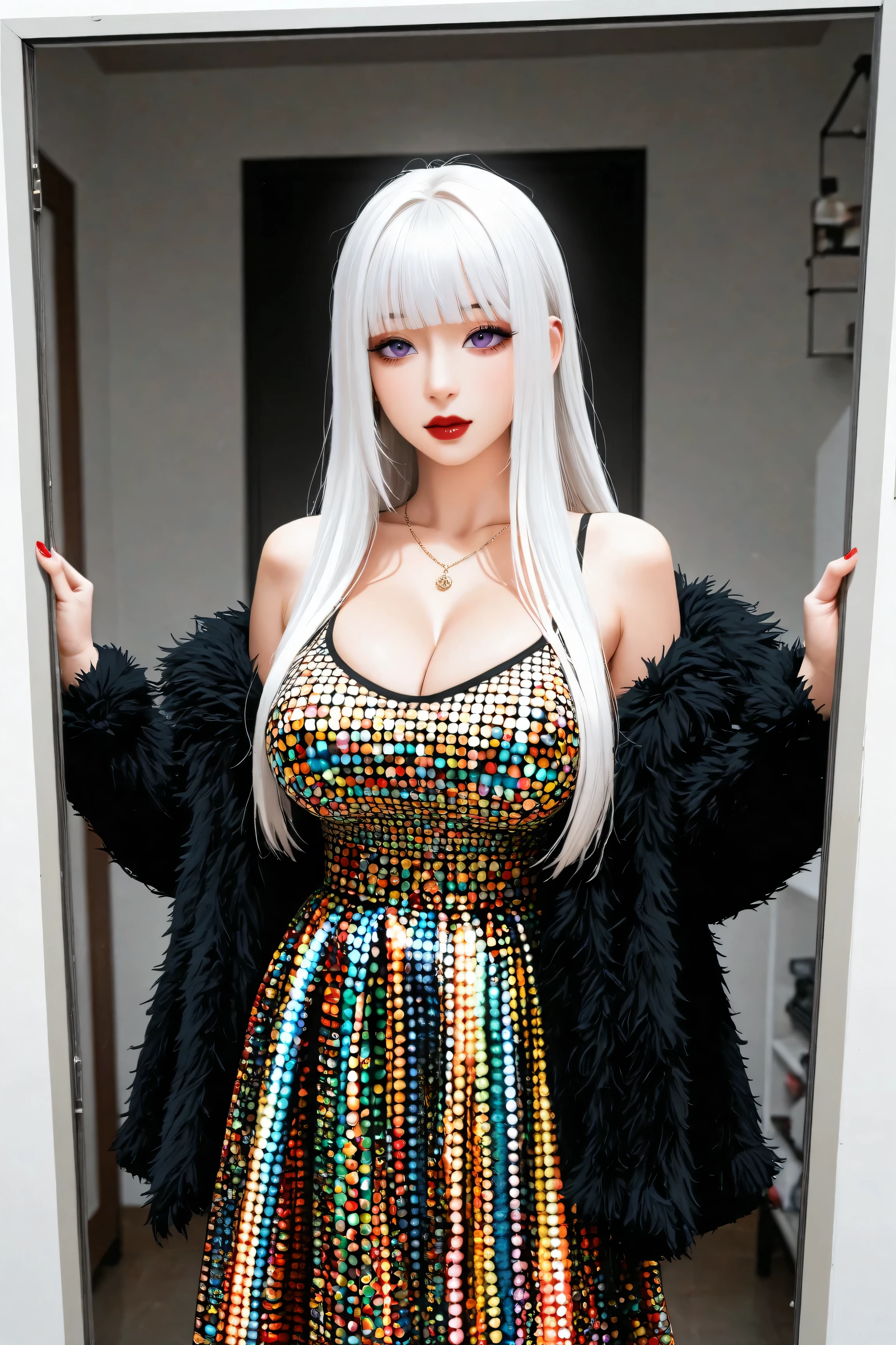 A beautiful asian woman with long straight white hair, straight bangs, big purple eyes, red lips, big breasts, and very pronounced cleavage stands facing viewer, though an extremely modern girl dressed in colorful alternative harujuku fashion who could be mistaken for a kpop superstar, (ulzzang), manga, anime, hyperreal, ultra detailed, 16k, zentangle 1.4
