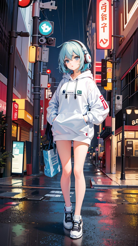 1 girl in、Cute Beautiful Girl、Young Face、((micromini skirt))、(cropped hoodie)、(Colossal tits)、lightblue hair、(15yo student)、lightsmile、((Neon Street at Night))、top-quality、photos realistic