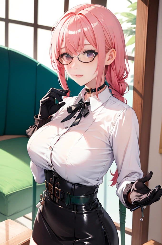 1 girl, Yanagi Tsukishiro , Alone, standing,  beautiful breasts , sensual lips, front view,  looking at the spectator ,  beautiful eyes ,  detailed eyes , purple eyes, simple samurai shoulder pad , glasses,  choker :1.6, ( black gloves),  shiny high waist mini skirt,  white shirt with collar,  dark green neck strap,  shy expression ,  gunman shot, Gothic style library ,  dark gothic style 