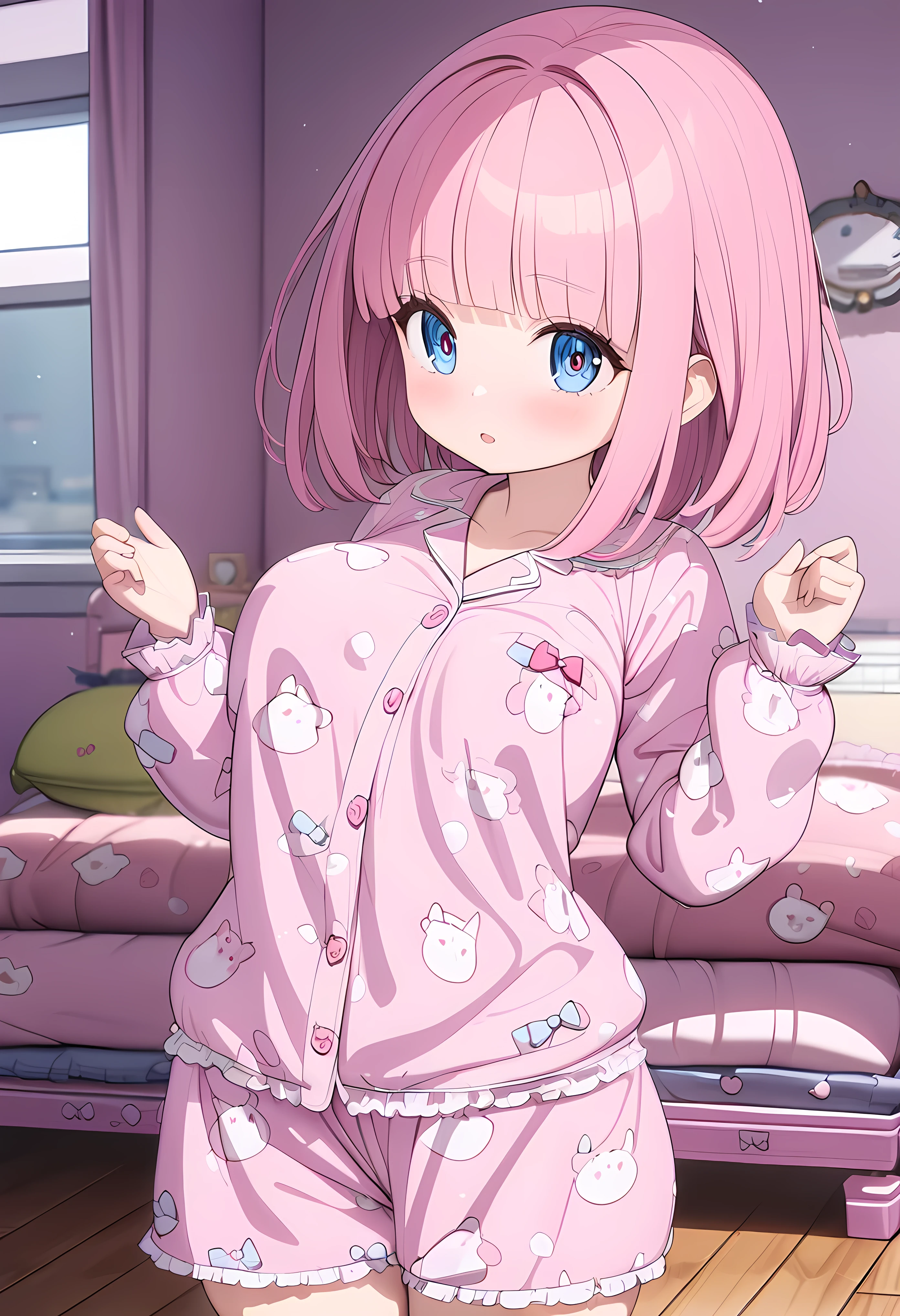 ( cute girl,li),(pajamas),(cute light blue eyes , innocent expression ),( very big breasts),( big thighs ),( pink hair, bob hair,blunt bangs),room, Cowboy Shot ,ultra-detailed,8k, best quality, masterpiece, clear, ultra high res, super detail, accurate, high details, highres icon,Detailed eyes,Detailed face