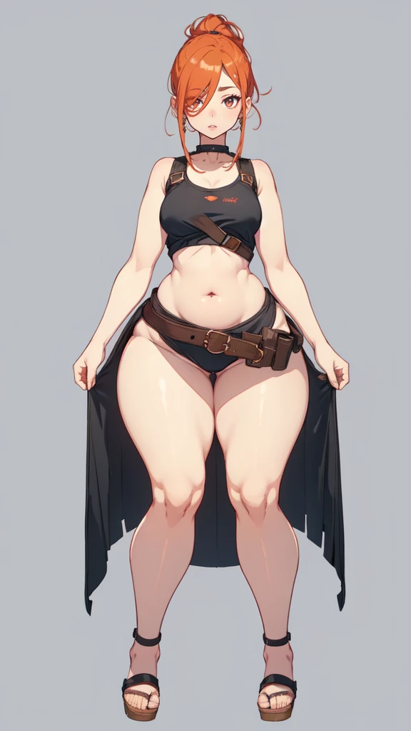 blank background, (((full body))), (masterpiece), ((best quality)), (very short girl), flat chest, blunt bangs, bobcut, (wide hips:1.4), (thick thighs:1.4), (very short skirt), sandals, belt below navel, fanny packs, blonde
