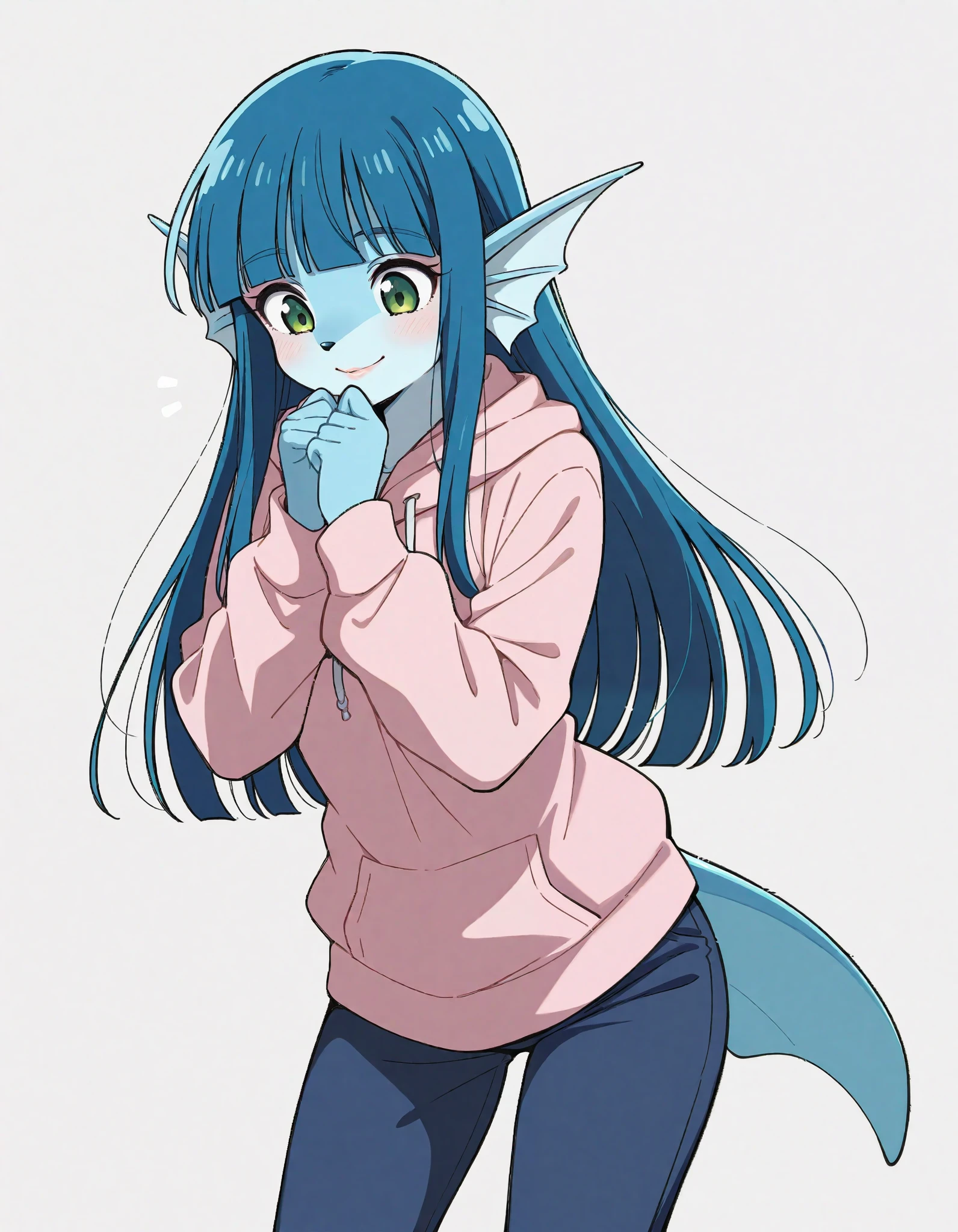 1girl, solo, blue hair, blunt bangs, colored skin, cowboy shot, fins, fish girl, furry, furry female, green eyes, hand on own chin, hands up, head fins, jaggy lines, lips, long hair, looking down, simple background, smile, standing, straight hair, masterpiece, best quality