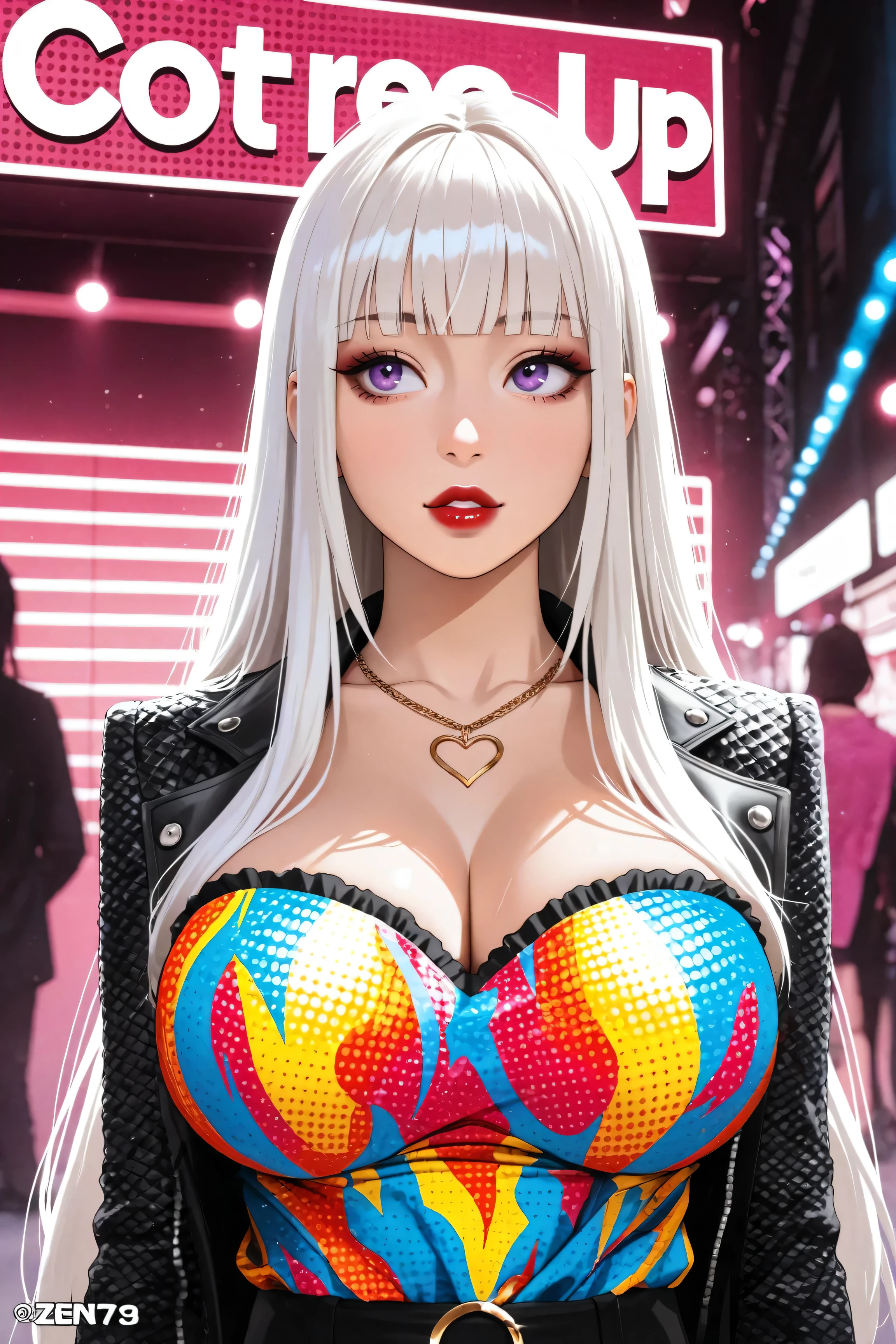 A beautiful asian woman with long straight white hair, straight bangs, big purple eyes, red lips, big breasts, and very pronounced cleavage stands facing viewer, though an extremely modern girl dressed in colorful alternative harujuku fashion who could be mistaken for a kpop superstar, manga, anime, hyperreal, ultra detailed, 16k, zentangle 1.4
