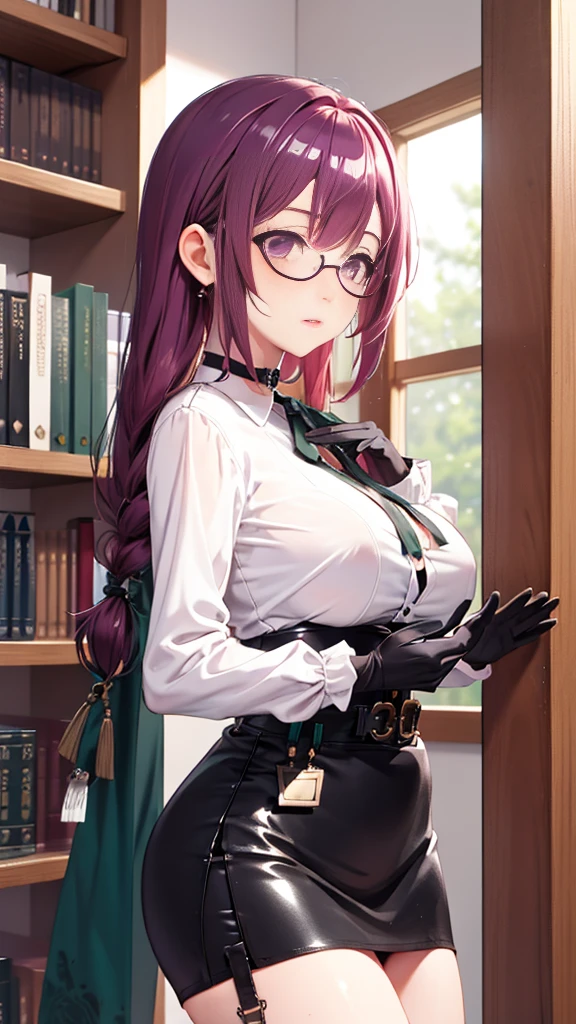 1 girl, Yanagi Tsukishiro , Alone, standing,  beautiful breasts , sensual lips, front view,  looking at the spectator ,  beautiful eyes ,  detailed eyes , purple eyes, simple samurai shoulder pad , glasses,  choker :1.6, ( black gloves),  shiny high waist mini skirt,  white shirt with collar,  dark green neck strap,  shy expression ,  gunman shot, Gothic style library ,  dark gothic style 