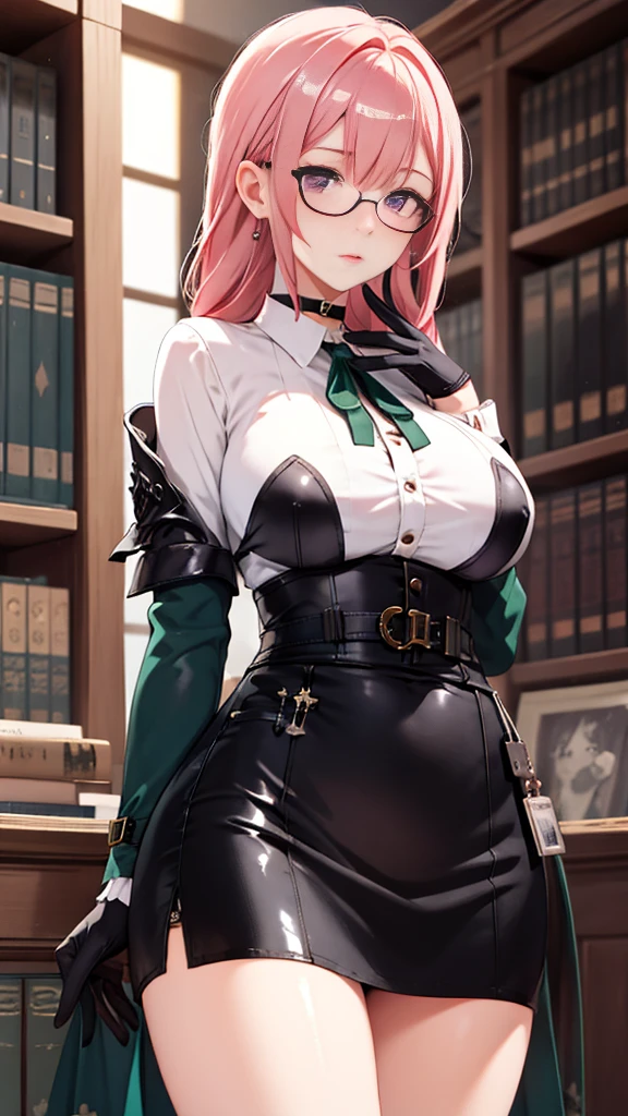 1 girl, Yanagi Tsukishiro , Alone, standing,  beautiful breasts , sensual lips, front view,  looking at the spectator ,  beautiful eyes ,  detailed eyes , purple eyes, simple samurai shoulder pad , glasses,  choker :1.6, ( black gloves),  shiny high waist mini skirt,  white shirt with collar,  dark green neck strap,  shy expression ,  gunman shot, Gothic style library ,  dark gothic style 