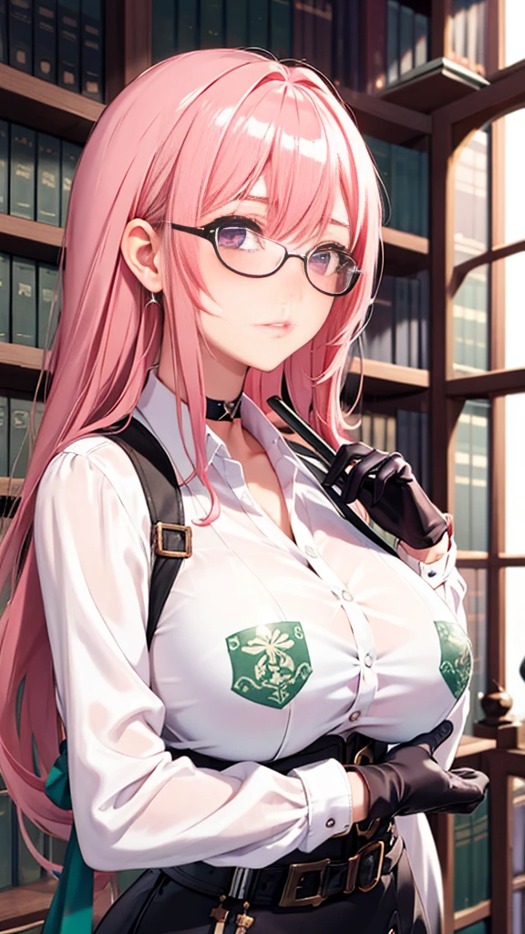 1 girl, Yanagi Tsukishiro , Alone, standing,  beautiful breasts , sensual lips, front view,  looking at the spectator ,  beautiful eyes ,  detailed eyes , purple eyes, simple samurai shoulder pad , glasses,  choker :1.6, ( black gloves),  shiny high waist mini skirt,  white shirt with collar,  dark green neck strap,  shy expression ,  gunman shot, Gothic style library ,  dark gothic style 