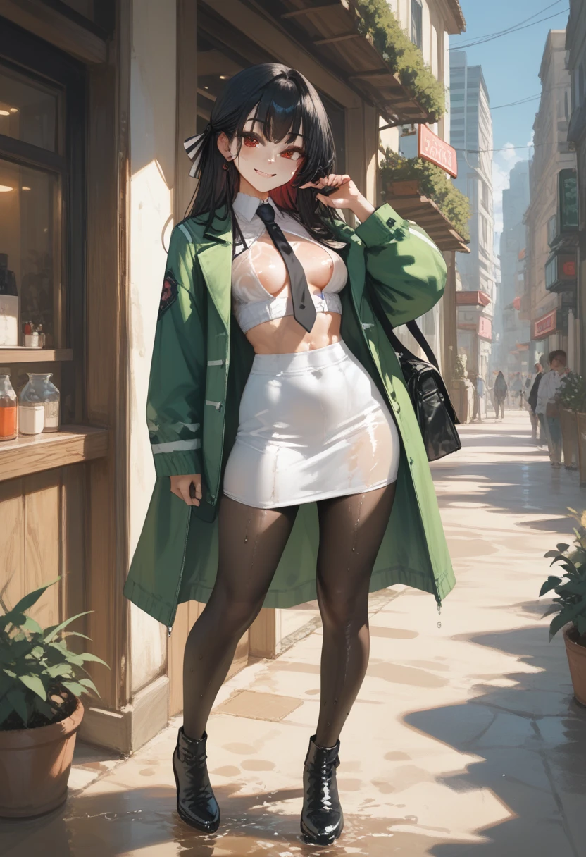 (masterpiece, best quality), mayumi saegusa, red eyes, black hair, long hair, medium breasts, striped ribbon, cropped green jacket, long sleeves, white dress, black necktie, pantyhose, standing, medium tits, midriff, soaked, very wet, smile, no bra, open shirt, thighs, detailed full body, 