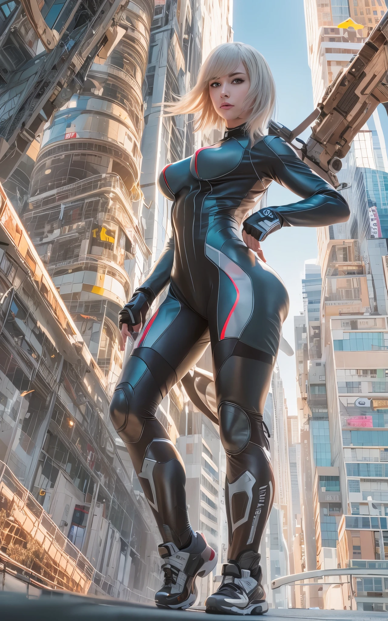 ((Best Quality)), ((masutepiece)), (Detailed: 1.4), (Absurd), Caucasian female fighter pilot ready for war, front walking, muscular sculptural body defined, Closed mouth, muscular body covered by technological clothing, Cyberpunk, ((perfect large breasts)), (blue eyes without pupils), long manga-style eyelashes, close to real, Crazy face, Sexy Pose, Centered, scale to fit the dimensions, nffsw (High dynamic range),Ray tracing,Hyper-Resolution,Unreal 5,Subsurface Dispersion, PBR Texture, Post-processing, Anisotropy Filtering, depth of fields, Maximum clarity and sharpness, Multilayer textures, Surface Shading, accurate simulation of light and material interactions, Perfect proportions, thirds rule, top-quality, in 8K, ultra-detailliert, Being on the roof of a skyscraper, Smooth bodysuit, spiffy white zero suit