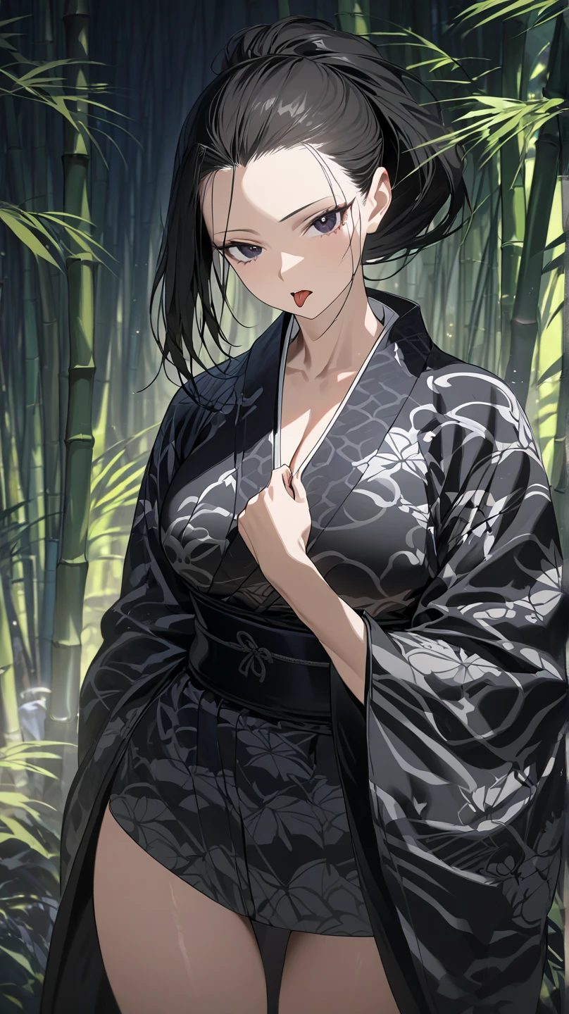  top quality, masterpiece,  high definition , masterpiece, 
Eight million,  1 girl,  close-up ,  dark eyes,  black hair,   ponytail,  long hair,  's hair was pulled back by fajyobore , , Alone, looking at viewer,Bamboo forest background , in the middle of the night,Up to the thighs, dark eyes, Slender, slightly toned body
Open your mouth slightly, tongue,  Big Breasts ,
Cloud pattern kimono ,Samurai girl,He is wearing a sword on his lower back
