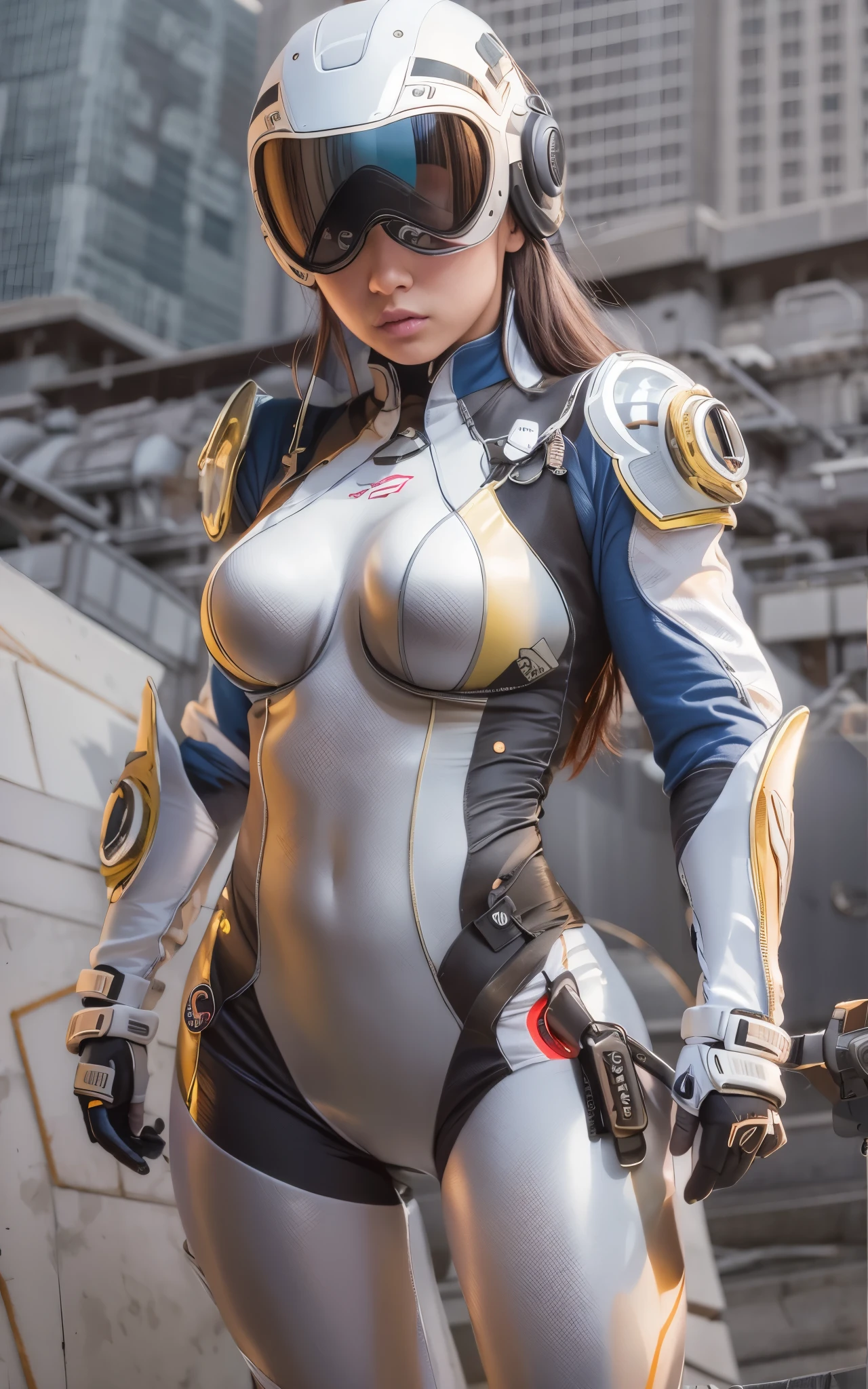 ((Best Quality)), ((masutepiece)), (Detailed: 1.4), (Absurd), Caucasian female fighter pilot ready for war, front walking, muscular sculptural body defined, Closed mouth, muscular body covered by technological clothing, Cyberpunk, ((perfect large breasts)), (blue eyes without pupils), long manga-style eyelashes, close to real, Crazy face, Sexy Pose, Centered, scale to fit the dimensions, nffsw (High dynamic range),Ray tracing,Hyper-Resolution,Unreal 5,Subsurface Dispersion, PBR Texture, Post-processing, Anisotropy Filtering, depth of fields,  Maximum clarity and sharpness, Multilayer textures, Surface Shading, accurate simulation of light and material interactions, Perfect proportions, thirds rule, top-quality, in 8K, ultra-detailliert, Being on the roof of a skyscraper, Smooth bodysuit, spiffy white zero suit