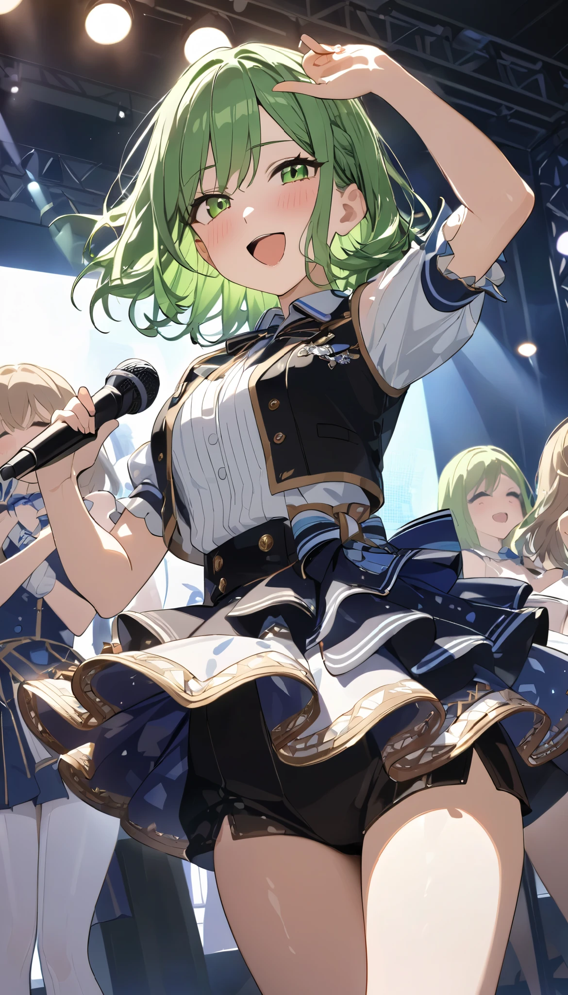 (((Best quality, 8k, Masterpiece: 1.3)), ((best quality)), ((masterpiece)), (detailed), perfect face, perfect body, (detailed skin:1.3), (intricate details), green hair, expressive hair, medium hair, idol, Live venue, spotlight, dancing, singing, enjoy