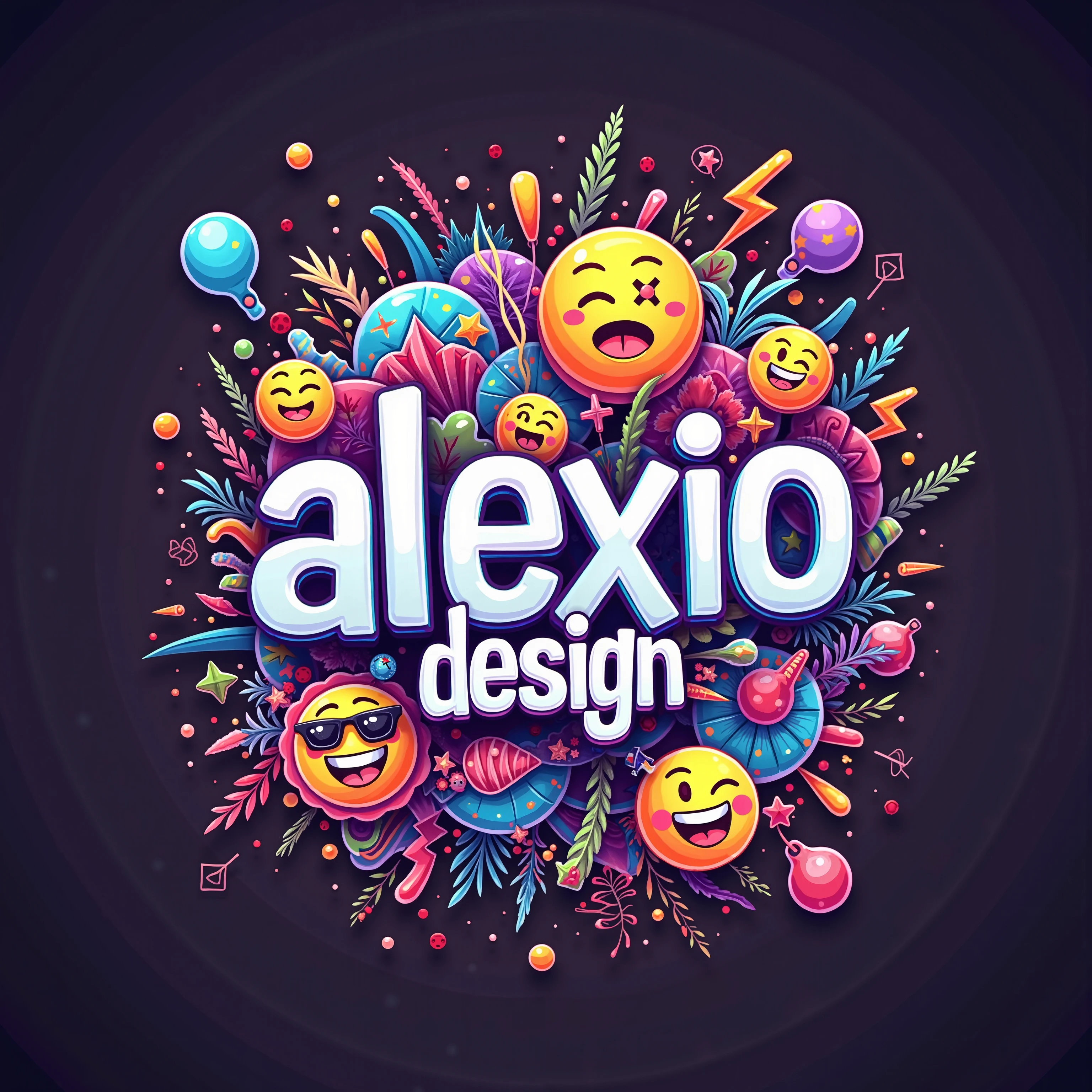  Create an image that says . ALEXIODESIGN  ,,  with a creative font with somewhat striking , strong colors ,  behind the text add the logos of the main social networks ( FACEBOOK INSTAGRAM TIKTOK MESSENGER  ) ,  also add the logos of the main social networks , just add the logos ,  don't add the names  