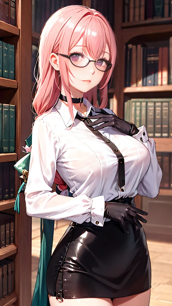 1 girl, Yanagi Tsukishiro , Alone, standing,  beautiful breasts , sensual lips, front view,  looking at the spectator ,  beautiful eyes ,  detailed eyes , purple eyes, simple samurai shoulder pad , glasses,  choker :1.6, ( black gloves), shiny high-waisted miniskirt,  white shirt with collar,  dark green neck strap,  shy expression ,  gunman shot, Gothic style library ,  dark gothic style 