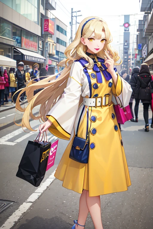 margaretp4, blonde hair, long hair, yellow eyes, headband, high heels, lipstick, calm smile,wearing latest winter fashion,looking at viewer,focus face,shopping,kanazawa city