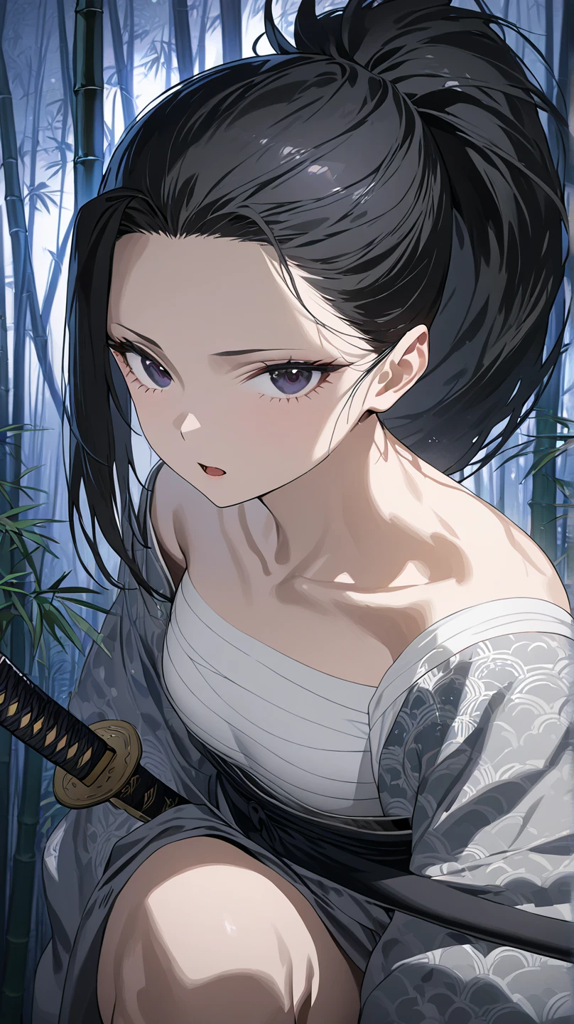  top quality, masterpiece,  high definition , masterpiece, 
Eight million,  1 girl,  close-up ,  dark eyes,  black hair,   ponytail,  long hair,  's hair was pulled back by fajyobore , , Alone, looking at viewer,Bamboo forest background , in the middle of the night,Up to the thighs, dark eyes, Slender,Slightly toned body ,up to the knee
Open your mouth slightly , chest,A little glare, and look
Kimono with a cloud pattern ,Samurai girl,腰にKatanaを身につけている,Katana,Underwear under a kimono(White Sarashi)
