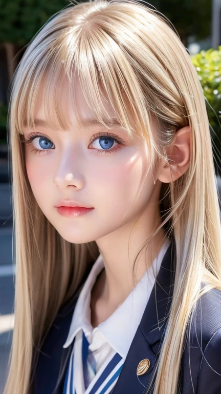  portrait、( school uniform )、Young shiny white bright shiny skin 、The best baby face looks、Smell the hair、Blonde reflection、 natural platinum blonde hair with dazzling highlights 、 shiny bright hair ,、 Smooth, Super Long, Super Long Straight Hair 、Shiny, beautiful bangs、Bangs between the eyes、Bangs above the face、Big, shining, clear, incredibly bright, sky blue eyes、 Very Big Eyes 、very beautiful lovely cute  girl 、Ample Bust、With slit、((I could see the whole body))、Small Face Beauty、Round face