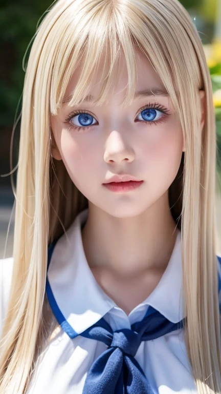  portrait、( school uniform )、Young shiny white bright shiny skin 、The best  looks、Smell the hair、Blonde reflection、 natural platinum blonde hair with dazzling highlights 、 shiny bright hair ,、 Smooth, Super Long, Super Long Straight Hair 、Shiny, beautiful bangs、Bangs between the eyes、Bangs above the face、Big, shining, clear, incredibly bright, sky blue eyes、 Very Big Eyes 、very beautiful lovely cute  girl 、Ample Bust、With slit、((I could see the whole body))、Small Face Beauty、Round face