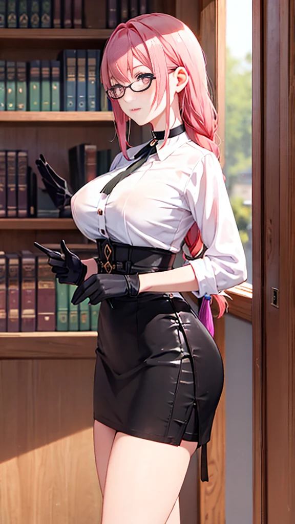 1 girl, Yanagi Tsukishiro , Alone, standing,  beautiful breasts , sensual lips, front view,  looking at the spectator ,  beautiful eyes ,  detailed eyes , purple eyes, simple samurai shoulder pad , glasses,  choker :1.6, ( black gloves), shiny high-waisted miniskirt,  white shirt with collar,  dark green neck strap,  shy expression ,  gunman shot, Gothic style library ,  dark gothic style 