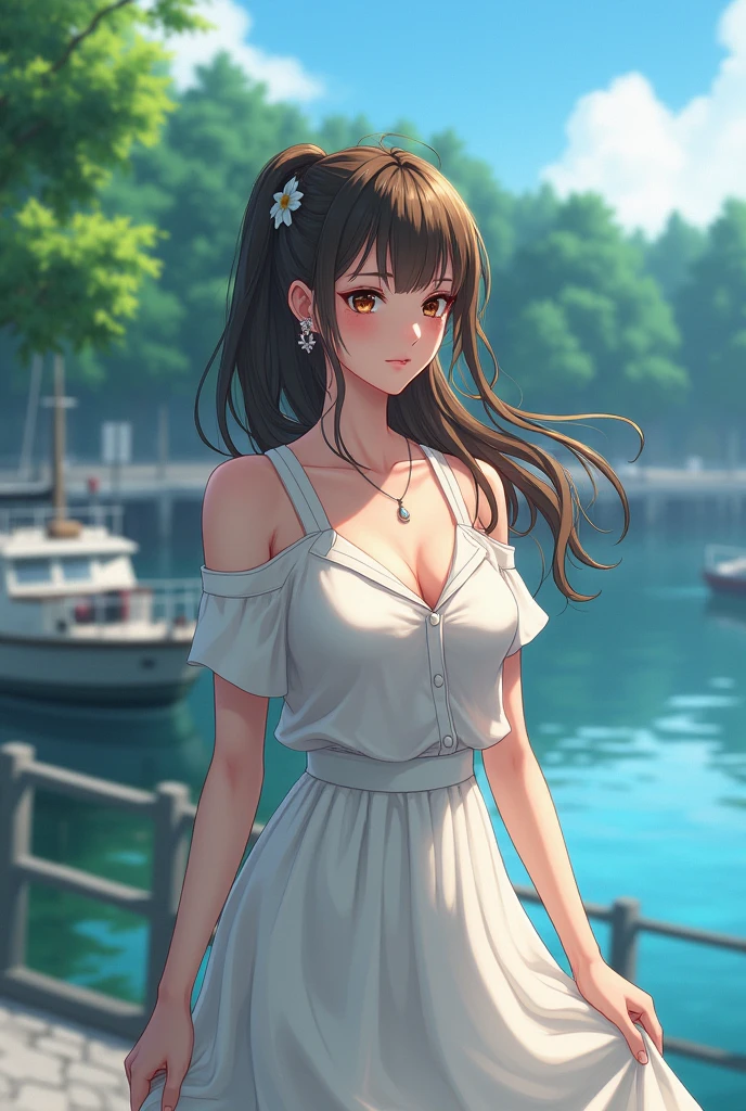 Alice Hirose, Standing on the quay of the harbor, long brown hair updo,  hair soars in the wind , My skirt is flowing , Mid-chest, Open the top slightly,  earrings,  necklace, whole body,  best quality,  high image quality, masterpiece, 8K wallpaper,  high definition ,  showing a forest of trees , 