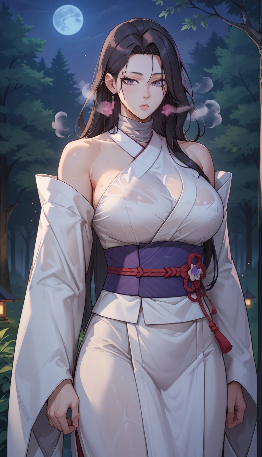 ((masterpiece)),  top quality,  very detailed , masterpiece,  Best Quality , Fraction_9, Fraction_8_up, Fraction_7_up, Fraction_6_up, source_ Japanese cartoon , grade_explicit, 1 Girl, ( unique :1.1), Big Breasts,  long hair, Black Hair,  Purple Eyes ,  Japanese costume ,  White Kimono , Turtleneck, Long sleeve,  Long skirt, expressionless,  Narrow shoulders,  Heavy Breath, Steam Body, night, forest, outdoor,   watching the audience  , , Wet clothes, transparent, upper body,