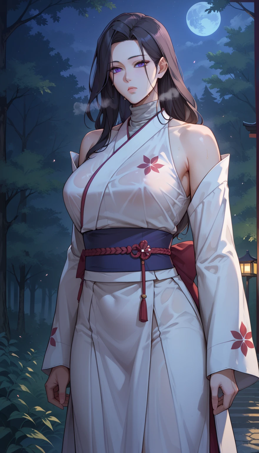 ((masterpiece)),  top quality,  very detailed , masterpiece,  Best Quality , Fraction_9, Fraction_8_up, Fraction_7_up, Fraction_6_up, source_ Japanese cartoon , grade_explicit, 1 Girl, ( unique :1.1), Big Breasts,  long hair, Black Hair,  Purple Eyes ,  Japanese costume ,  White Kimono , Turtleneck, Long sleeve,  Long skirt, expressionless,  Narrow shoulders,  Heavy Breath, Steam Body, night, forest, outdoor,   watching the audience  , , Wet clothes, transparent, upper body,