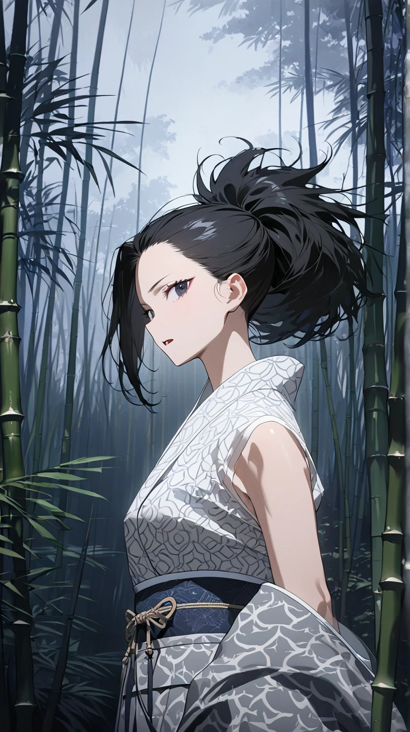  top quality, masterpiece,  high definition , 
Eight million,  1 girl,  close-up ,  dark eyes,  black hair,   ponytail,  long hair,  's hair was pulled back by fajyobore , , Alone, looking at viewer,Bamboo forest background , in the middle of the night,Up to the thighs, dark eyes, Slender,Slightly toned body ,up to the knee
Open your mouth slightly , chest,A little glare, and look
Kimono with a cloud pattern ,Samurai girl,腰にKatanaを身につけている,Katana,Underwear under a kimono(White Sarashi)
