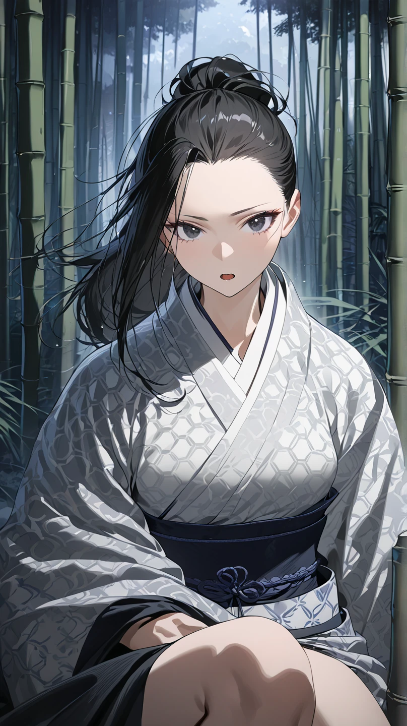  top quality, masterpiece,  high definition , 
Eight million,  1 girl,  close-up ,  dark eyes,  black hair,   ponytail,  long hair,  's hair was pulled back by fajyobore , , Alone, looking at viewer,Bamboo forest background , in the middle of the night,Up to the thighs, dark eyes, Slender,Slightly toned body ,up to the knee
Open your mouth slightly , chest,A little glare, and look
Kimono with a cloud pattern ,Samurai girl,腰にKatanaを身につけている,Katana,Underwear under a kimono(White Sarashi)
