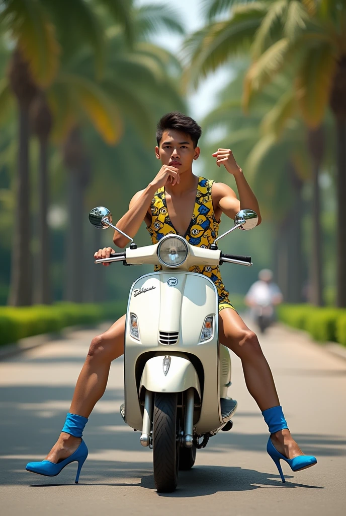 Full body shot wide angle shot  Korean teen boys 15 years old,shirtless, skinny fat body,wearing only bikini light orange underwear, shirtless,play Frisbee with dog,at Sanam Luang park Bangkok, tree sunset 