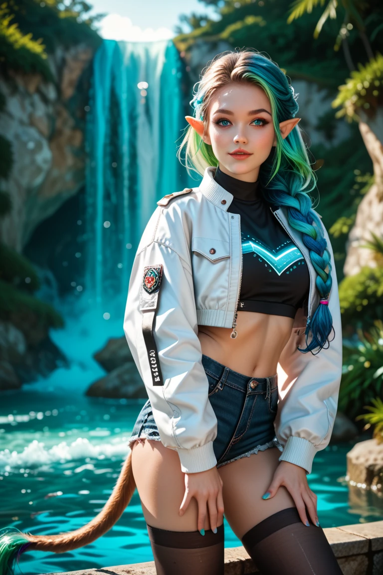 Arafed woman with blue hair and black jacket posing in front of a waterfall., next to a waterfall, waterfalls in the background, standing near a waterfall, waterfall in the background, with waterfalls, Amazing beauty, alena aenami and android jones, Amazing beauty, standing in front of a waterfall, with waterfalls, photo from behind
