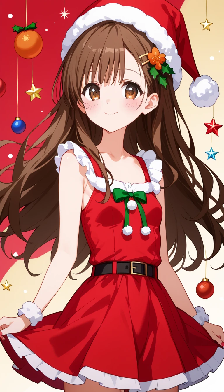 best quality, high resolution, 8k, alone, ((blush:1.5)), (Yuki mandarin orange、 brown eyes、 brown hair 、 hair ornament、ヘア scrunchies、 long hair on background、ピンクの scrunchies、 scrunchies, small breasts), happy smile, christmas dress, christmas hat, mini skirt, christmas background, christmas dinner, christmas prsent