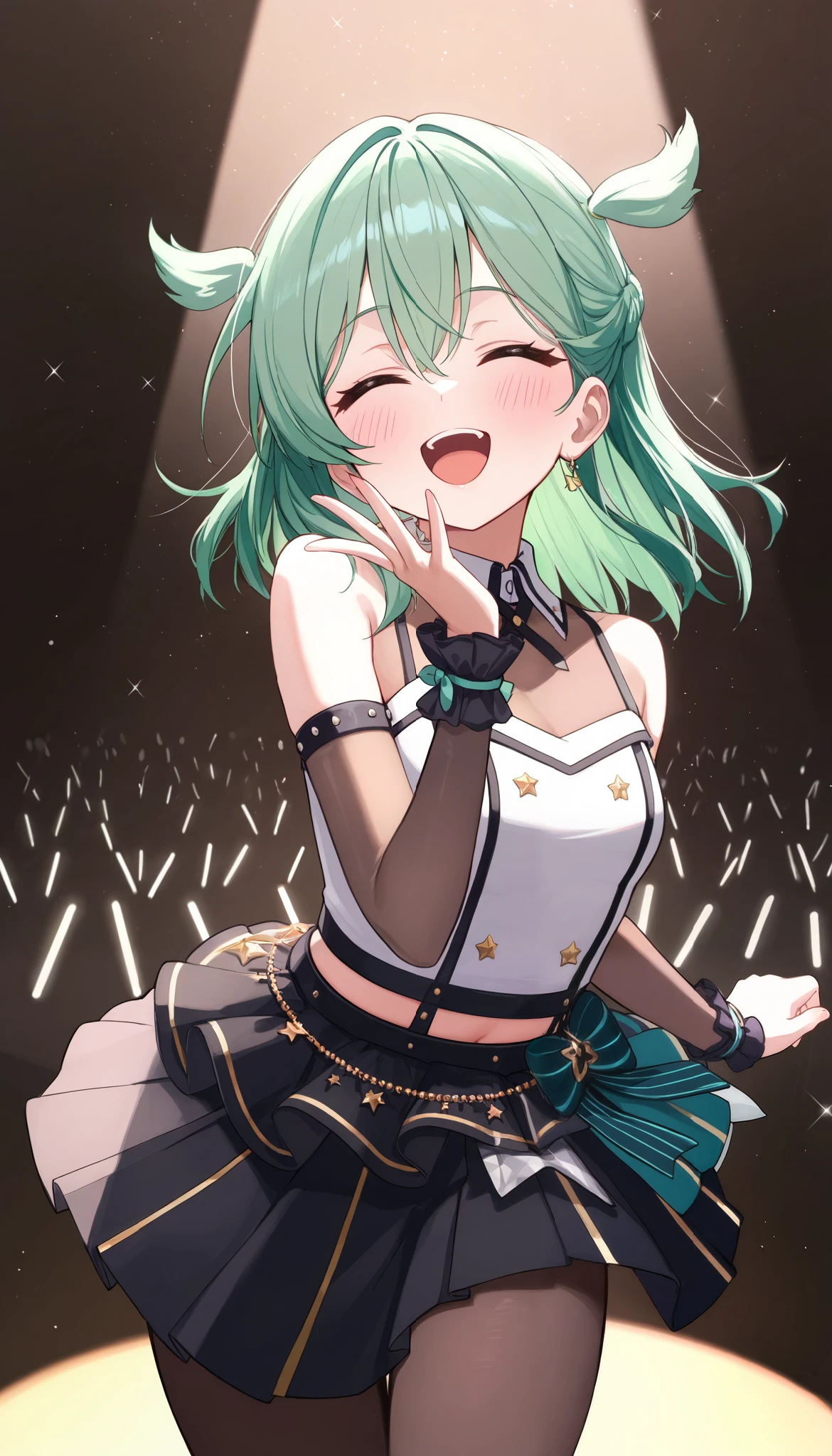 (((Best quality, 8k, Masterpiece: 1.3)), ((best quality)), ((masterpiece)), (detailed), perfect face, perfect body, (detailed skin:1.3), (intricate details), green hair, expressive hair, medium hair, idol, Live venue, spotlight, dancing, singing, enjoy