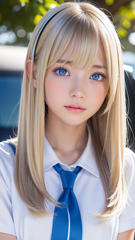  portrait、( school uniform )、Young shiny white bright shiny skin 、The best baby face looks、Bite your hair、、Blonde reflection、 natural platinum blonde hair with dazzling highlights 、 shiny bright hair ,、 Smooth, Super Long, Super Long Straight Hair 、Shiny, beautiful bangs、Bangs between the eyes、Bangs above the face、Big, shining, clear, incredibly bright, sky blue eyes、 Very Big Eyes 、very beautiful lovely cute  girl 、Ample Bust、With slit、((I could see the whole body))、Small Face Beauty、Round face