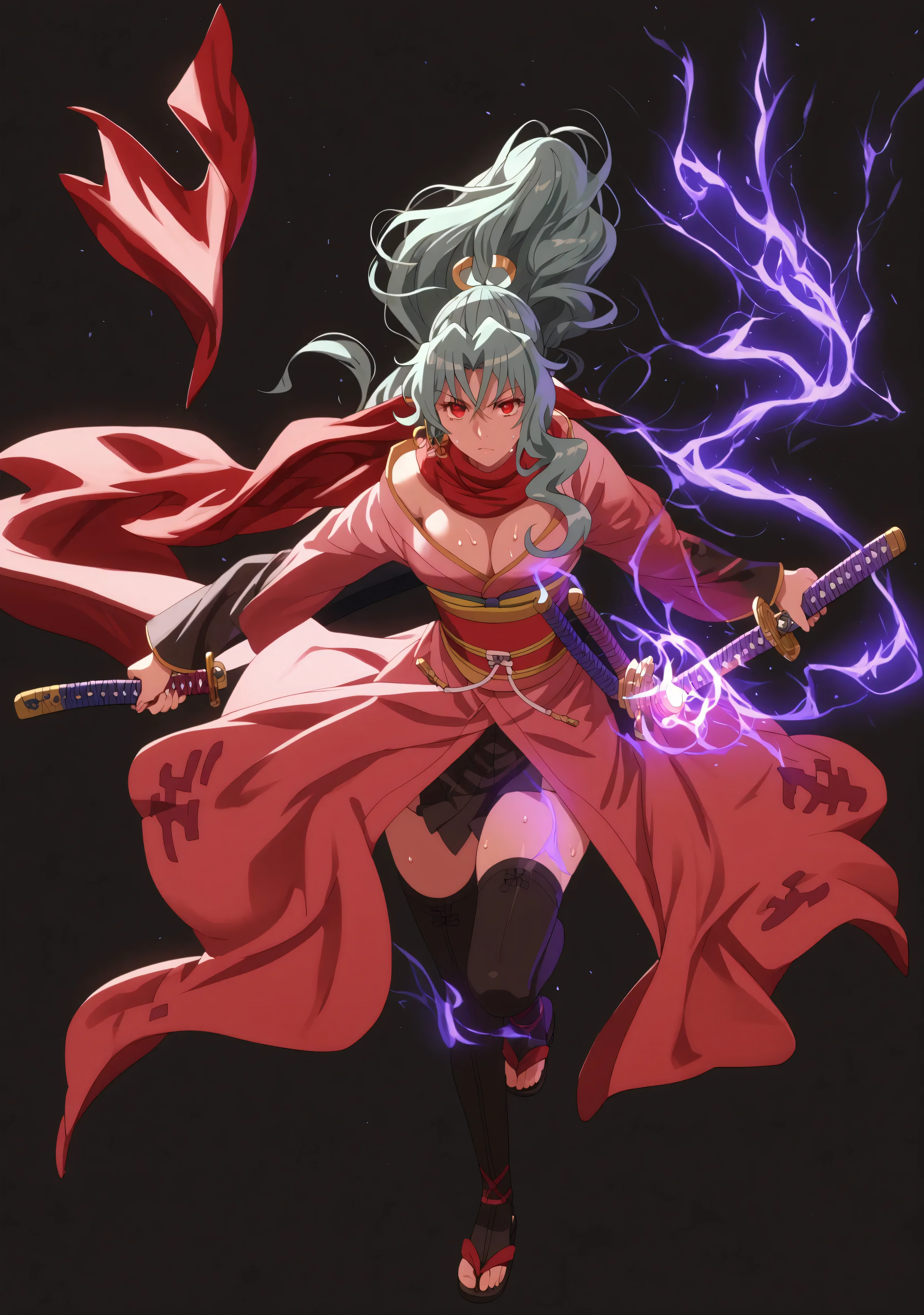 trexxx, score_9, score_8_up, score_7_up, score_6_up, uncensored, red_eyes, long_hair, red_scarf, ponytail, green hair, wavy hair, Tomoe, large breasts, BREAK detailed eyes, (perfect hands, perfect anatomy), (anime coloring:1.2),Vector art, Vivid colors, Clean lines, Sharp edges, Minimalist, Precise geometry, Simplistic, Smooth curves, Bold outlines, Crisp shapes, Flat colors, Illustration art piece, High contrast shadows, Technical illustration, Graphic design, Vector graphics, High contrast, Precision artwork, Linear compositions, Scalable artwork, Digital art, excessive sweating, sweating profusely, sweating drop BREAK, gasping, heavy breathing, (aura, magic:1.3), fantasy 1girl, breasts, solo, weapon, sword, japanese_clothes, thighhighs, cleavage, sheath, katana, jewelry, kimono, earrings, dual_wielding, sash, magatama, looking_at_viewer, obi, holding, leaf_print, detached_sleeves, short_kimono, holding_weapon, full_body, unsheathing, black_background, holding_sword, magic, fantasy, (aura:1.2), black_thighhighs, sandals