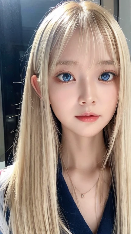  portrait、( school uniform )、Young shiny white bright shiny skin 、The best baby face looks、Bite your hair、、Blonde reflection、 natural platinum blonde hair with dazzling highlights 、 shiny bright hair ,、 Smooth, Super Long, Super Long Straight Hair 、Shiny, beautiful bangs、Bangs between the eyes、Bangs above the face、Big, shining, clear, incredibly bright, sky blue eyes、 Very Big Eyes 、very beautiful lovely cute  girl 、Ample Bust、With slit、((I could see the whole body))、Small Face Beauty、Round face