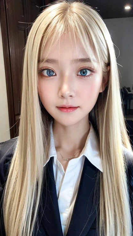  portrait、( school uniform )、Young shiny white bright shiny skin 、The best baby face looks、Bite your hair、、Blonde reflection、 natural platinum blonde hair with dazzling highlights 、 shiny bright hair ,、 Smooth, Super Long, Super Long Straight Hair 、Shiny, beautiful bangs、Bangs between the eyes、Bangs above the face、Big, shining, clear, incredibly bright, sky blue eyes、 Very Big Eyes 、very beautiful lovely cute  girl 、Ample Bust、With slit、((I could see the whole body))、Small Face Beauty、Round face