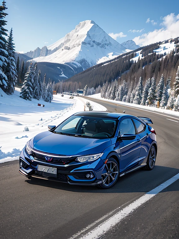 civic crx blue, snowy mountain road