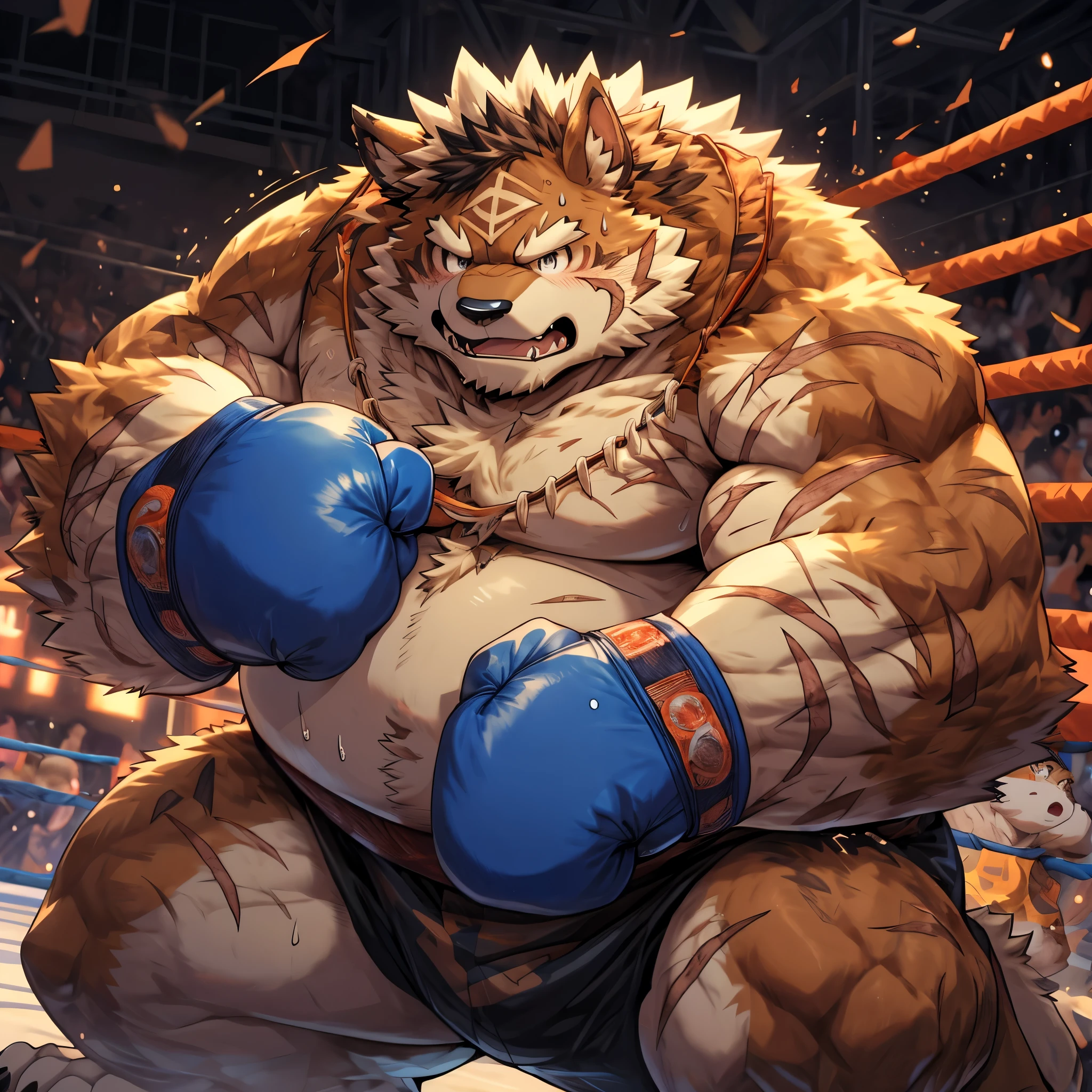 (((  excitement 、boxing gloves,Speedy movement、boxing match,knockout、Lost Match、 tattered、groggy、Dirty body、 tired body and lots of sweat、swollen face、swollen and closed eyelid , drool ,nosebleed,swollen cheek after being hit)))((((A rugged, heavyweight big belly fat body  man with a round, chubby ,scars)))), (((wearing a boxing gloves ))), power-less environment, looking exhausted, surrounded by fluffy, furry garr with a blurred,boxing ring is background, highly detailed, high resolution, masterpiece quality image with dynamic lighting and vibrant colors, the man looks activated and disdainful, full body shot with a closed stance, in a comic book style, created by Takeuchi Arashi, ZIXiong, Chuni, and Ghost of the Sky, set in boxing ring background