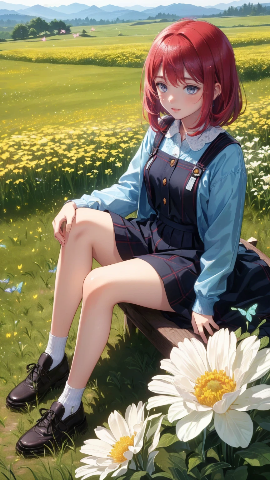 (masterpiece: 1.2), ( very detailed with crimson hair: 1.2), ( very detailed with crimson hair CG: 1.2), ( high image quality: 1.2), (最 high image quality), 8k,  Animated Illustration ,   girl with a slightly sad expression is sitting in a field of flowers, A butterfly 々View、((There&#39;Butterflies on my fingers 々))、Butterflies fluttering々dance、Beautiful work