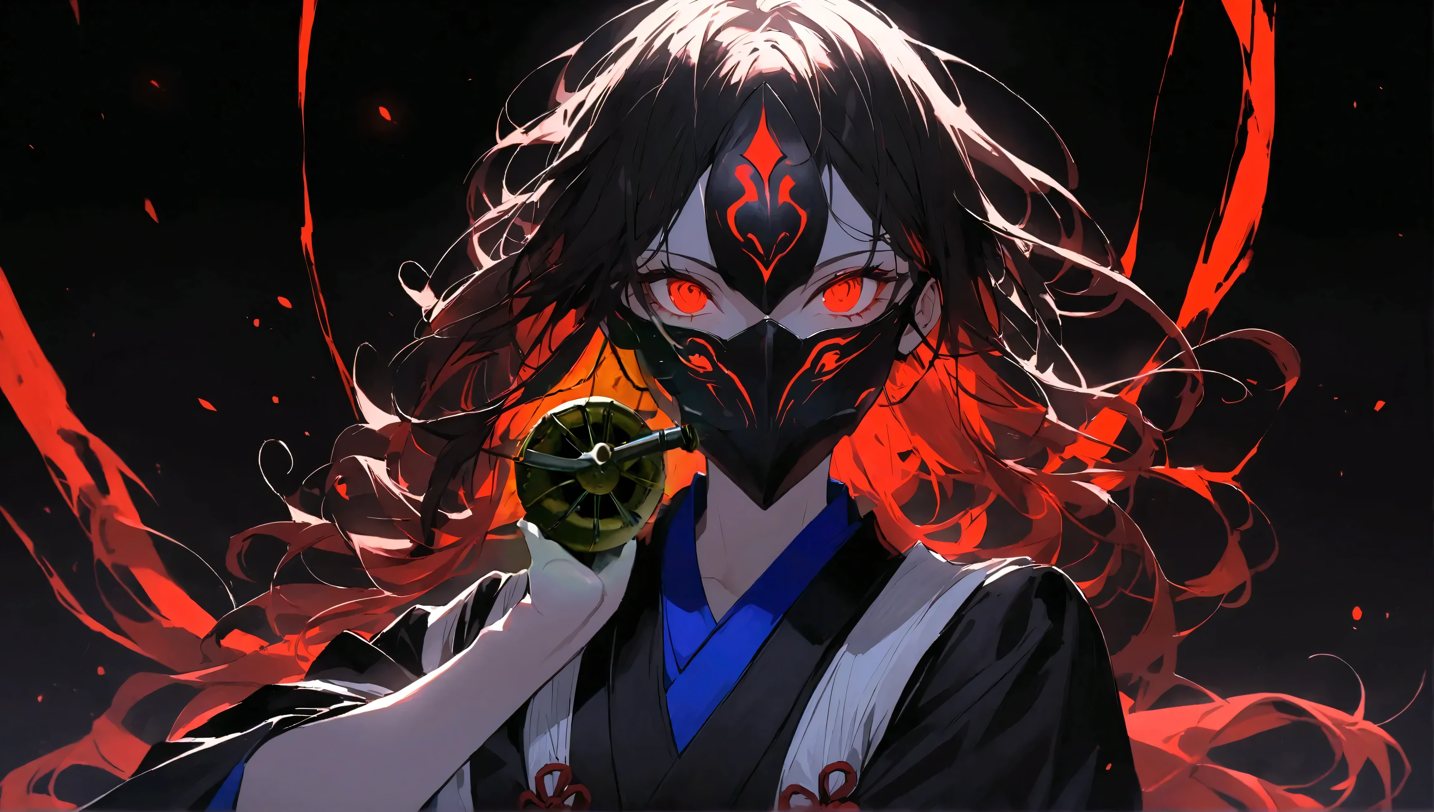 In the image, there is an anime character set against a dark background with red glowing particles. The character has striking red eyes that emit an intense glow. They are wearing a mask with a red upper part and a black lower part. Their hair is black with red highlights, parted into two sections with some strands falling over their face, and they have two metallic spikes as hair accessories on the right side. The character is dressed in traditional Japanese warrior attire, predominantly black and red with blue and white accents, featuring intricate patterns. A blue tie adorns the upper part of their right arm. They are holding a black sword with red highlights in theirhand, drawn from its scabbard. The overall appearance of the character exudes a sense of power and mystique.
