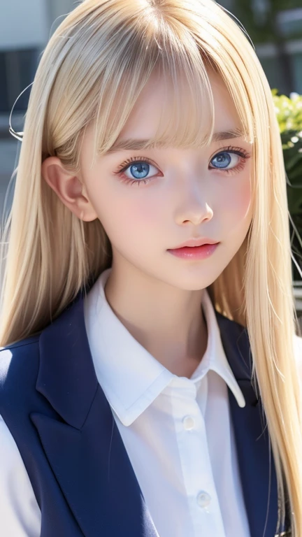  portrait、( school uniform )、Young shiny white bright shiny skin 、The best baby face looks、Bite your hair、、Blonde reflection、 natural platinum blonde hair with dazzling highlights 、 shiny bright hair ,、 Smooth, Super Long, Super Long Straight Hair 、Shiny, beautiful bangs、Bangs between the eyes、Bangs above the face、Big, shining, clear, incredibly bright, sky blue eyes、 Very Big Eyes 、very beautiful lovely cute  girl 、Ample Bust、With slit、((I could see the whole body))、Small Face Beauty、Round face