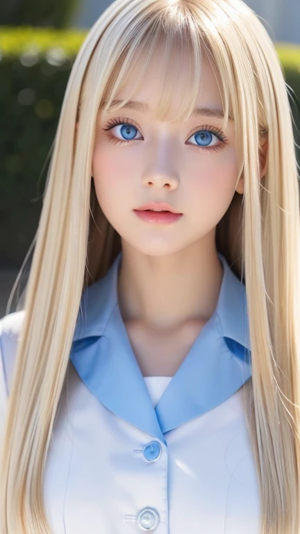  portrait、( school uniform )、Young shiny white bright shiny skin 、The best baby face looks、Bite your hair、、Blonde reflection、 natural platinum blonde hair with dazzling highlights 、 shiny bright hair ,、 Smooth, Super Long, Super Long Straight Hair 、Shiny, beautiful bangs、Bangs between the eyes、Bangs above the face、Big, shining, clear, incredibly bright, sky blue eyes、 Very Big Eyes 、very beautiful lovely cute  girl 、Ample Bust、With slit、((I could see the whole body))、Small Face Beauty、Round face