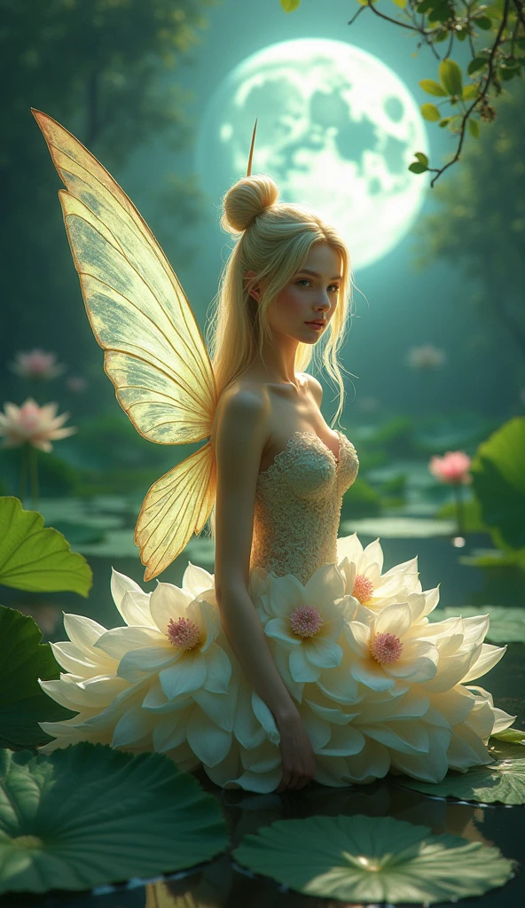 Woman with long white hair and huge butterfly wings on her shoulders in a lotus garden , aggressive 
