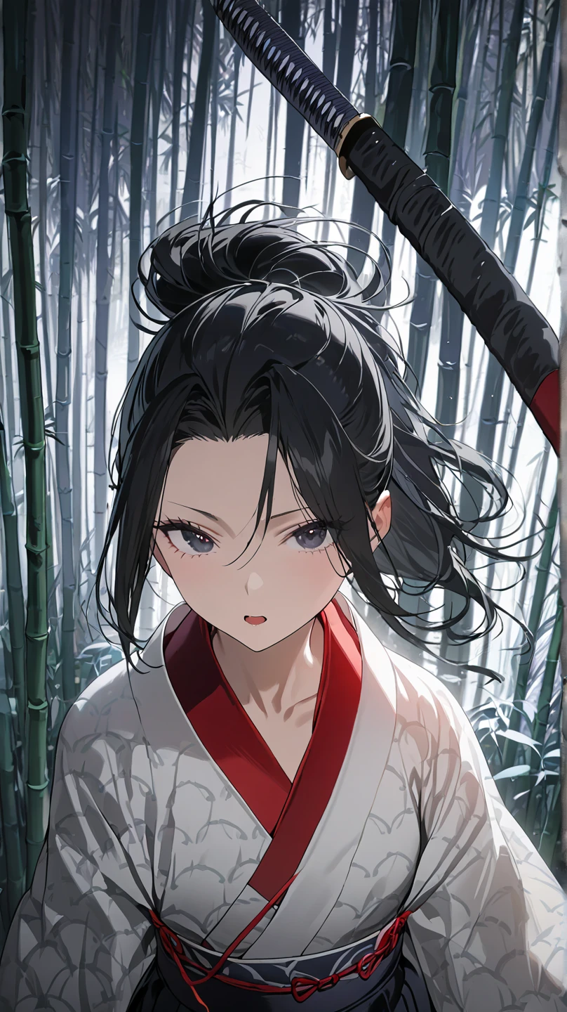  top quality, masterpiece,  high definition , masterpiece, 
Eight million,  1 girl,  close-up ,  dark eyes,  black hair,   ponytail,  long hair,  's hair was pulled back by fajyobore , , Alone, looking at viewer,Bamboo forest background , in the middle of the night,Up to the thighs, dark eyes, Slender,Slightly toned body ,up to the knee
Open your mouth slightly , chest,A little glare, under the kimono
Open the cloud pattern kimono ,Samurai girl,腰にKatanaを身につけている,Katana,Underwear under a kimono( red bikini),Look ( skirt part that matches the clothes)を両手で開いて pantiesを見せている, panties(White thong),clavicle
