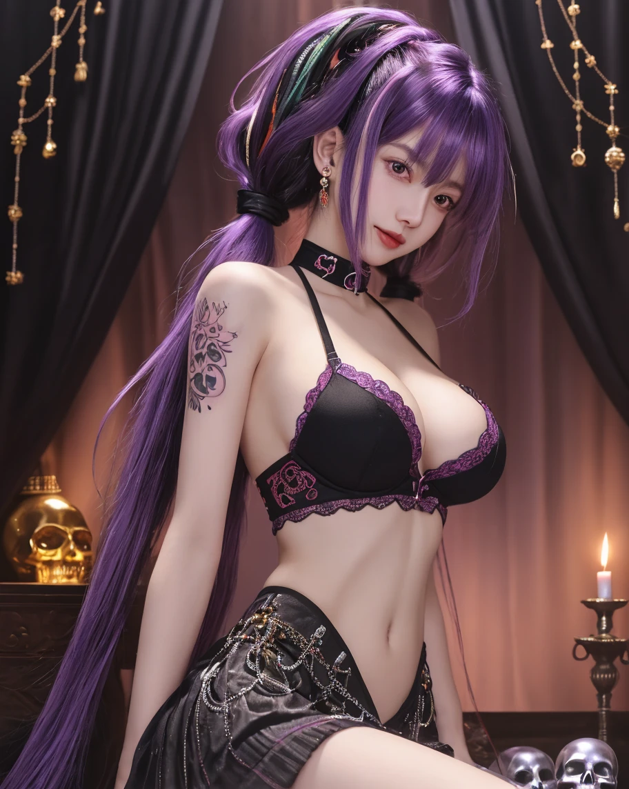 Masterpiece, perfect face, face cute, realiatic, Raiden Shogun \(genshin impact\), dark purple hair, left side bangs, (((Raiden Shogun holding a rose with two hands))) long hair, purple eyes, ((very detailed)), ((illustration)), ( (messy hair)), (beautiful detailed eyes), beautiful eyes, stunning, detail, (((masterpiece))), (realistic:0,5), top quality, woman, dark purple bodysuit with showing breasts, visible breasts, visible breasts nipple, dark black nipple, no panties, visible vaginal, dark black vaginal colour, visible pubic hair, visible vaginal hair, beautiful vaginal hair, (first_person_view ), solo_focus, nervous, sitting , ((bedroom)), isometric, big tits,