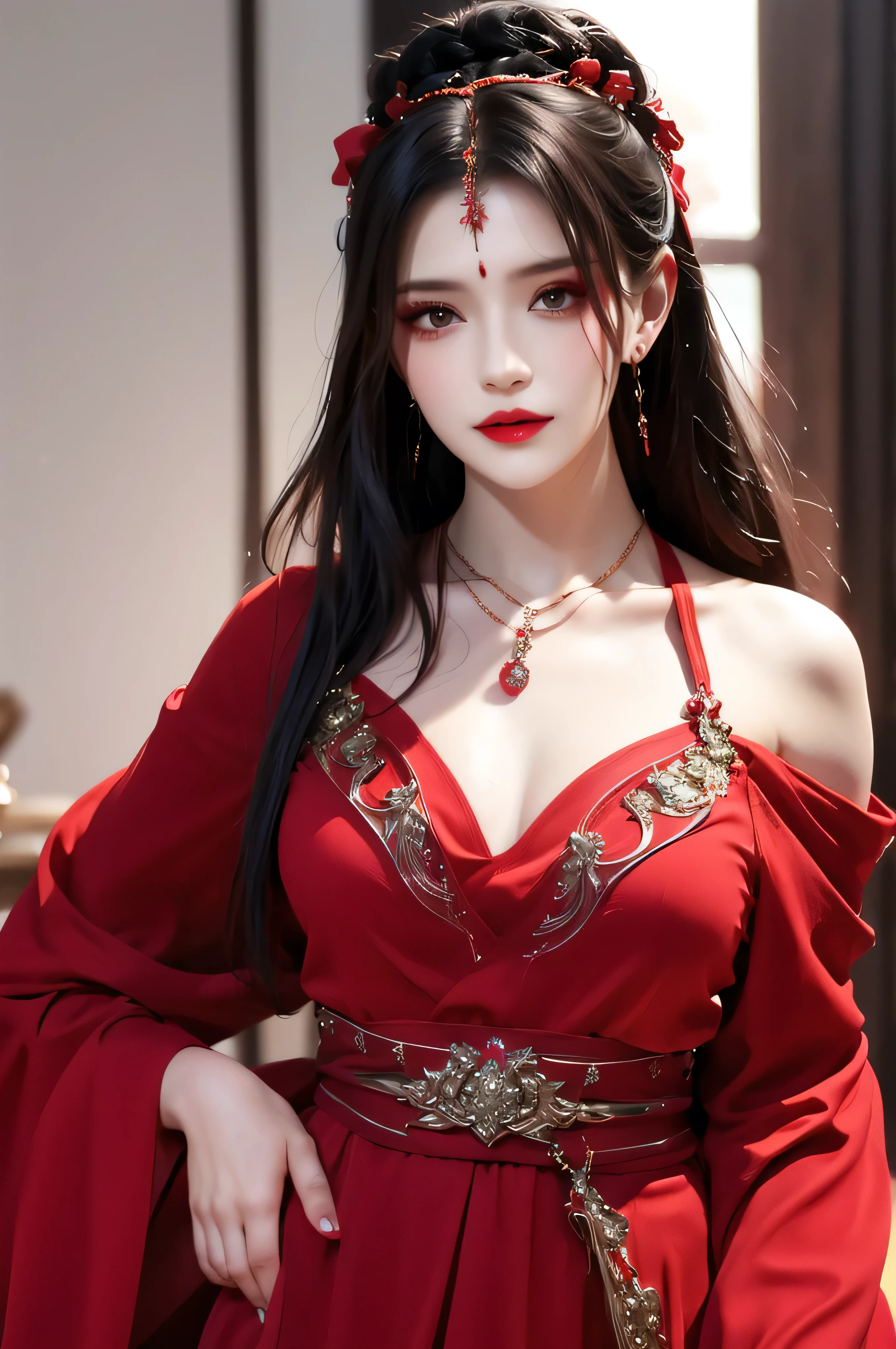 best quality, masterpiece, highres, official art, extremely detailed cg unity 8k wallpaper, jiapliqiao, 1girl, long hair, 1girl, jewelry, solo, earrings, red lips, hair ornament, makeup, realistic, red dress, necklace, (((full body))), ((devilish smile)), ((dancing)), her back is to the audience