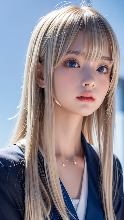  portrait、( school uniform )、Young shiny white bright shiny skin 、The best baby face looks、Bite your hair、、Blonde reflection、 natural platinum blonde hair with dazzling highlights 、 shiny bright hair ,、 Smooth, Super Long, Super Long Straight Hair 、Shiny, beautiful bangs、Bangs between the eyes、 bangs over eyes 、Bangs above the face、 big bright sky blue eyes that are shining, clear, extremely vivid、 Very Big Eyes 、very beautiful lovely cute  girl 、Ample Bust、With slit、((I could see the whole body))、Small Face Beauty、Round face