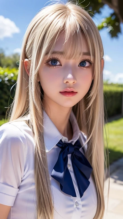  portrait、( school uniform )、Young shiny white bright shiny skin 、The best  looks、Bite your hair、、Blonde reflection、 natural platinum blonde hair with dazzling highlights 、 shiny bright hair ,、 Smooth, Super Long, Super Long Straight Hair 、Shiny, beautiful bangs、Bangs between the eyes、 bangs over eyes 、Bangs above the face、 big bright sky blue eyes that are shining, clear, extremely vivid、 Very Big Eyes 、very beautiful lovely cute  girl 、Ample Bust、With slit、((I could see the whole body))、Small Face Beauty、Round face